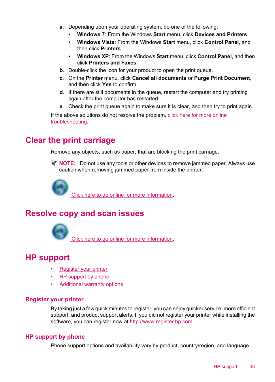 Clear the print carriage, Resolve copy and scan issues, Hp support | Register your printer, Hp support by phone | HP ENVY 100 e-All-in-One Printer - D410b User Manual | Page 45 / 64