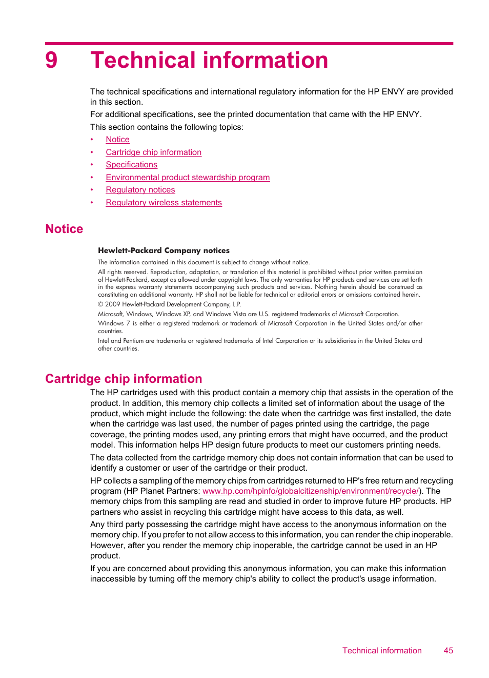 Technical information, Notice, Cartridge chip information | 9 technical information, Notice cartridge chip information, 9technical information | HP ENVY 100 e-All-in-One Printer - D410b User Manual | Page 47 / 64