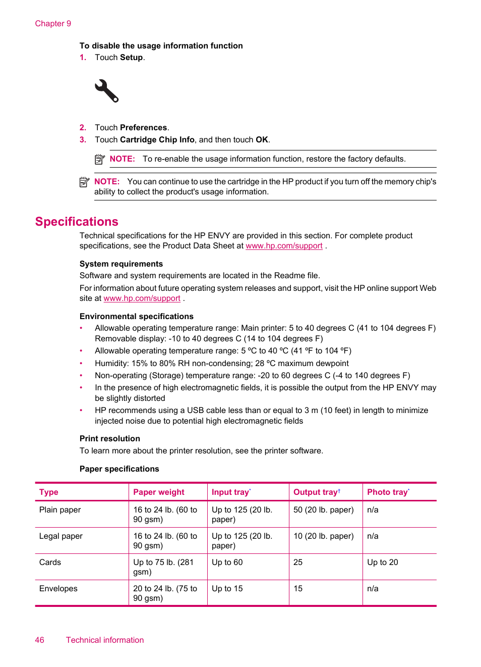 Specifications | HP ENVY 100 e-All-in-One Printer - D410b User Manual | Page 48 / 64