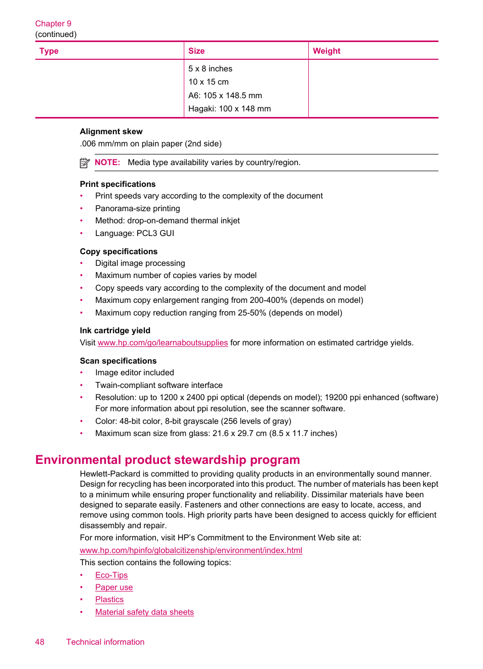 Environmental product stewardship program | HP ENVY 100 e-All-in-One Printer - D410b User Manual | Page 50 / 64