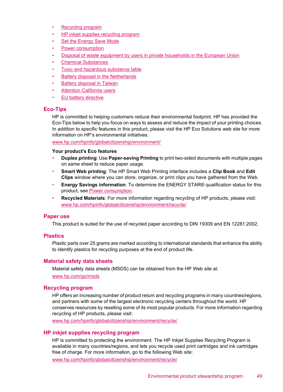 Eco-tips, Paper use, Plastics | Material safety data sheets, Recycling program, Hp inkjet supplies recycling program | HP ENVY 100 e-All-in-One Printer - D410b User Manual | Page 51 / 64