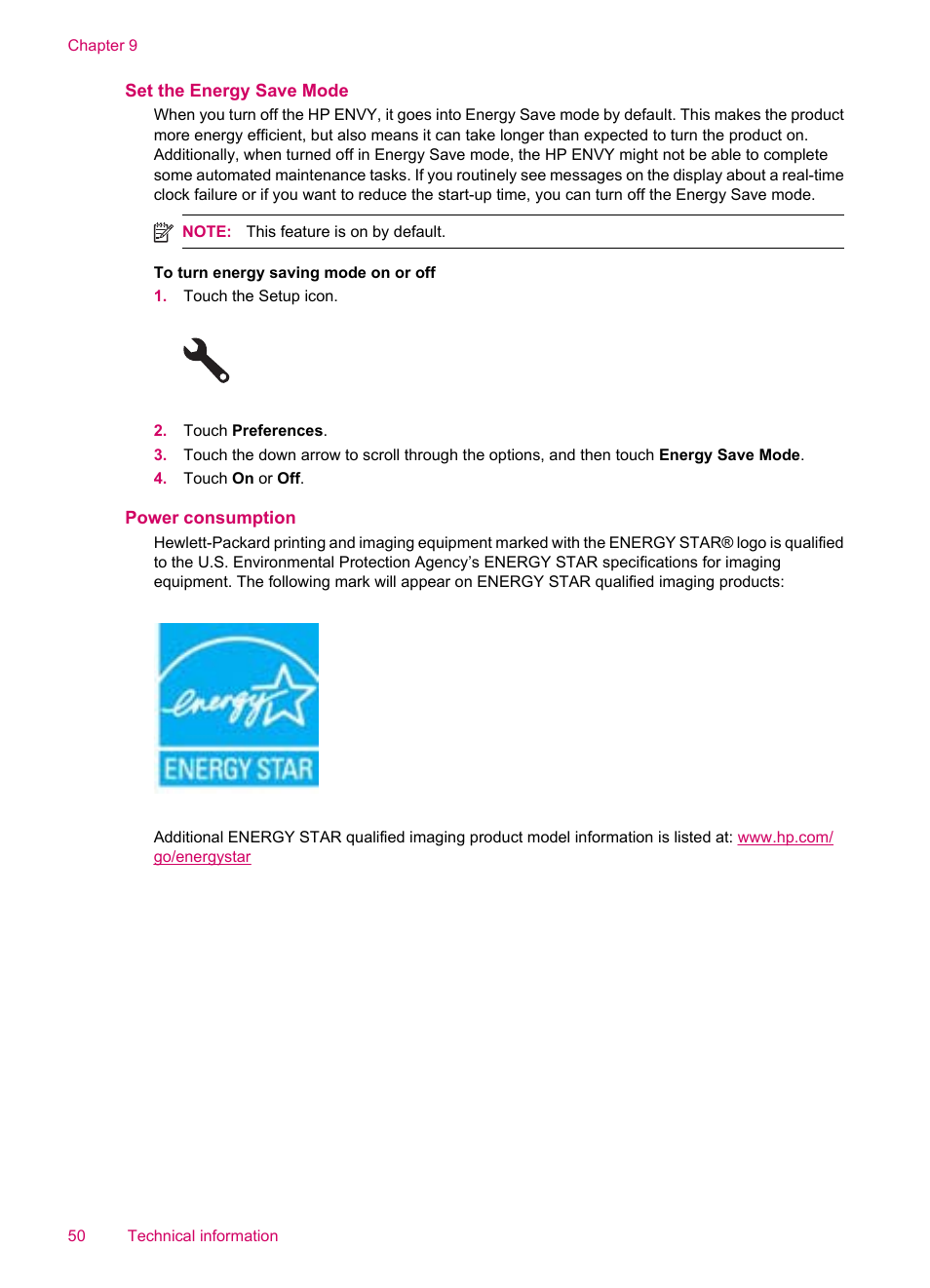 Set the energy save mode, Power consumption | HP ENVY 100 e-All-in-One Printer - D410b User Manual | Page 52 / 64