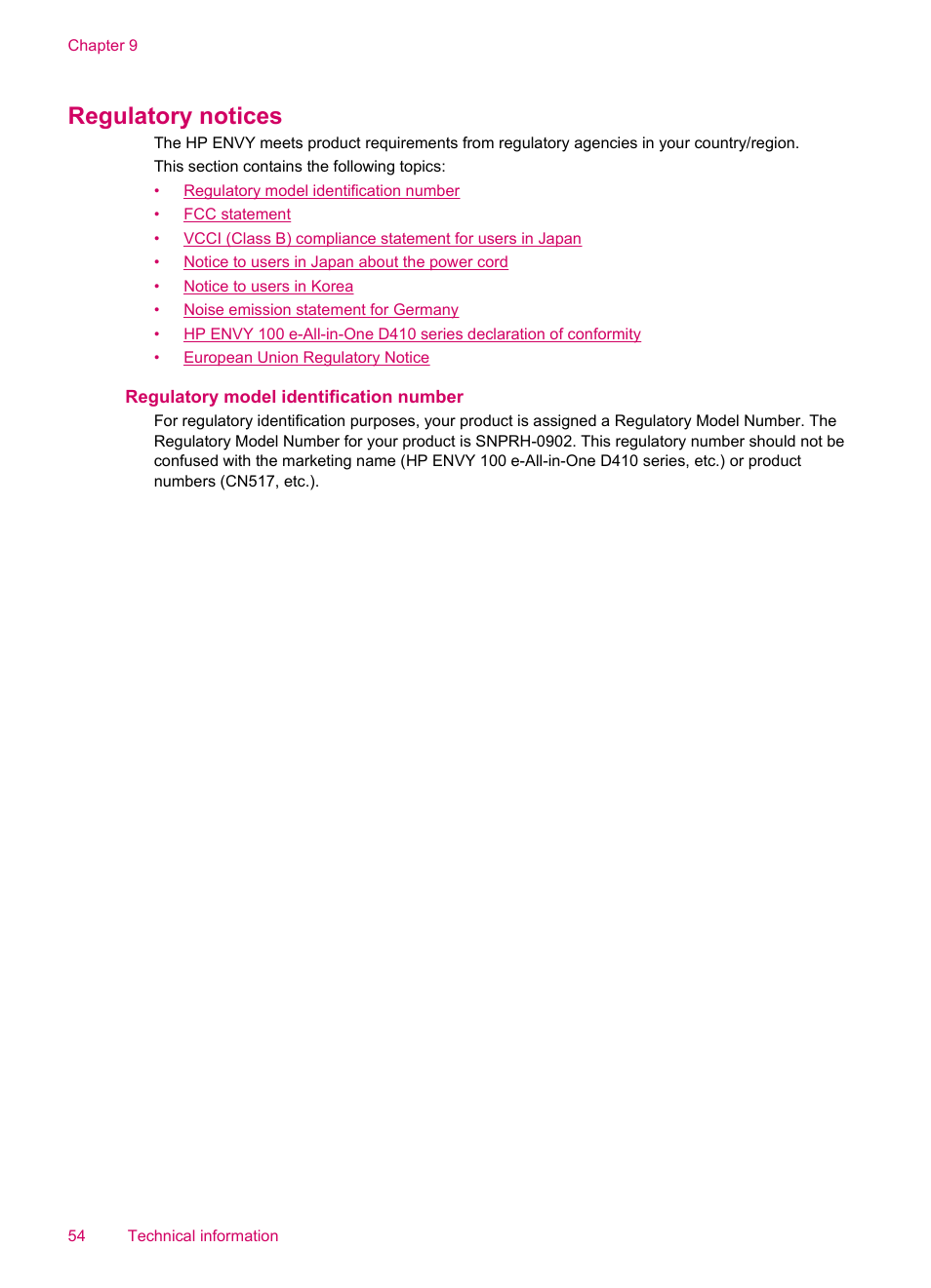 Regulatory notices, Regulatory model identification number | HP ENVY 100 e-All-in-One Printer - D410b User Manual | Page 56 / 64