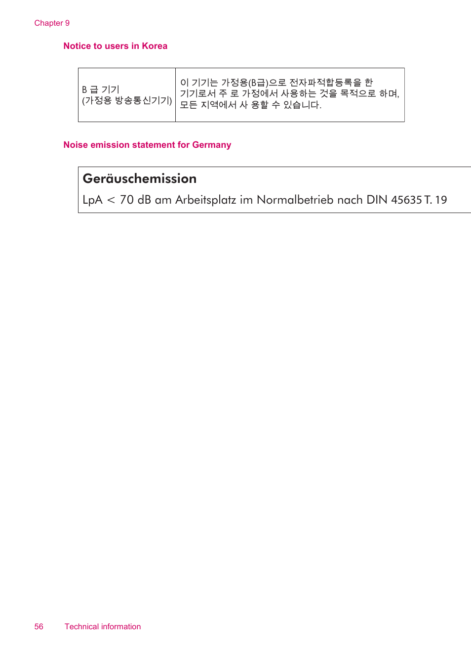 Notice to users in korea, Noise emission statement for germany, Geräuschemission | HP ENVY 100 e-All-in-One Printer - D410b User Manual | Page 58 / 64
