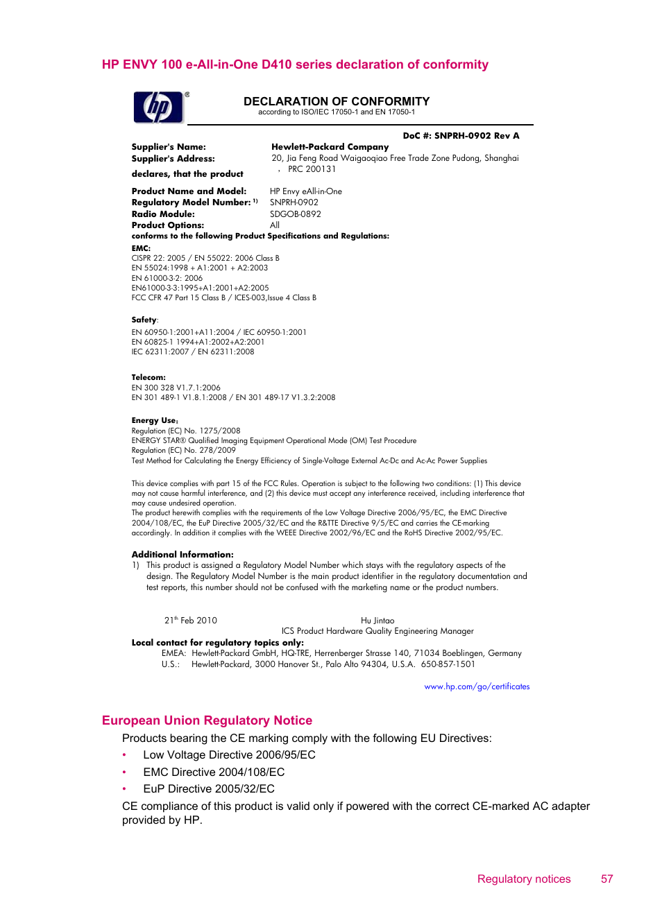 European union regulatory notice, Declaration of conformity | HP ENVY 100 e-All-in-One Printer - D410b User Manual | Page 59 / 64