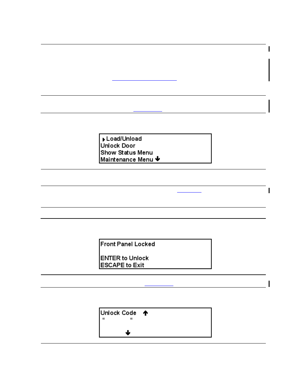 Entering the menu mode, Figure 3-7, Main menu | Figure 3-8, Panel locked screen, Figure 3-9, Code entry menu | HP Integrity NonStop H-Series User Manual | Page 44 / 76