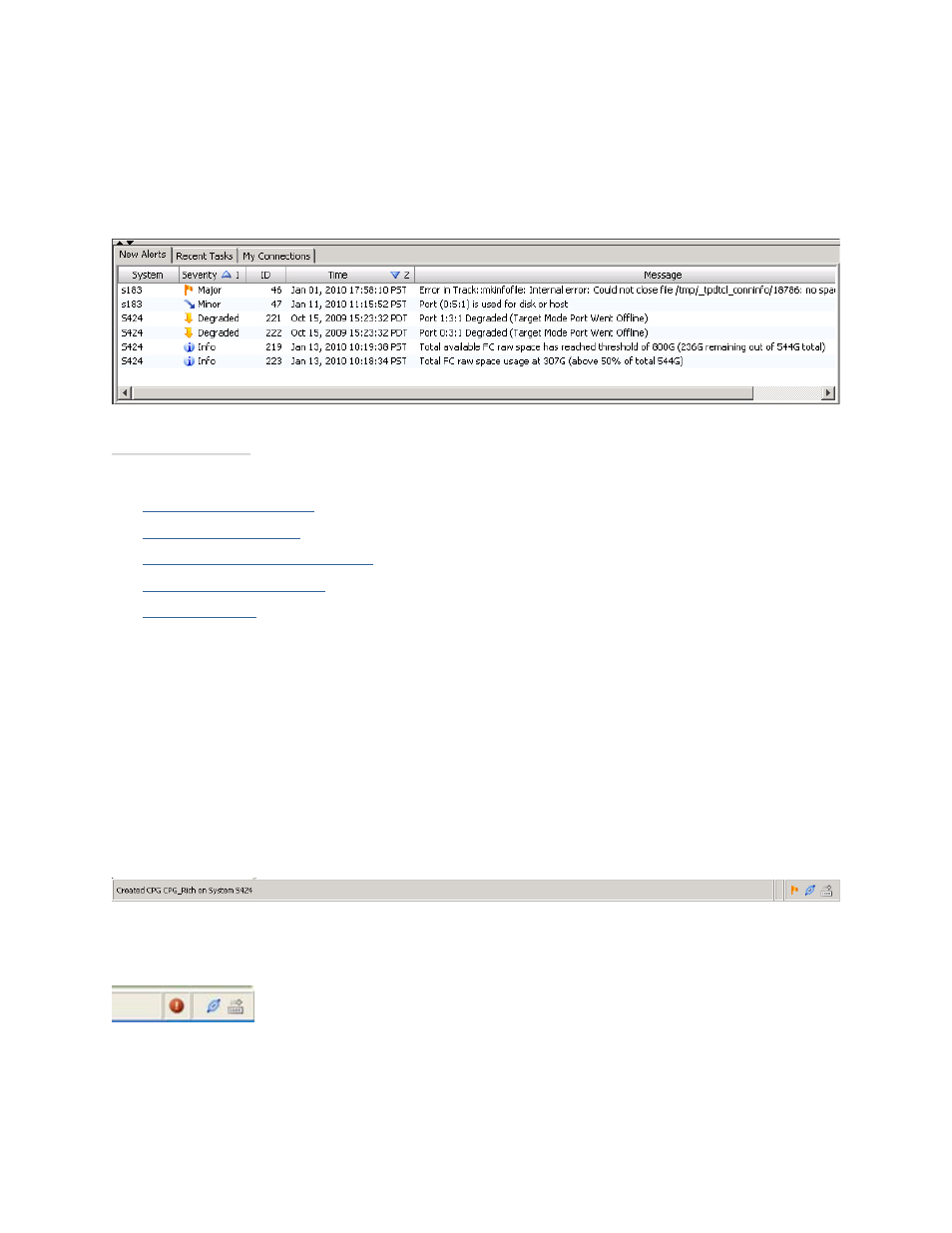 Alert/task/connection pane, Status bar | HP 3PAR Operating System Software User Manual | Page 37 / 475