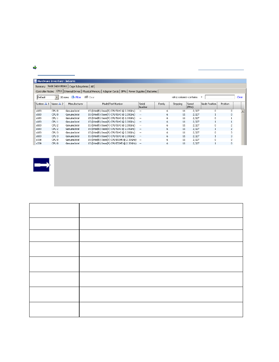 Viewing the node subsystems cpus tab | HP 3PAR Operating System Software User Manual | Page 440 / 475