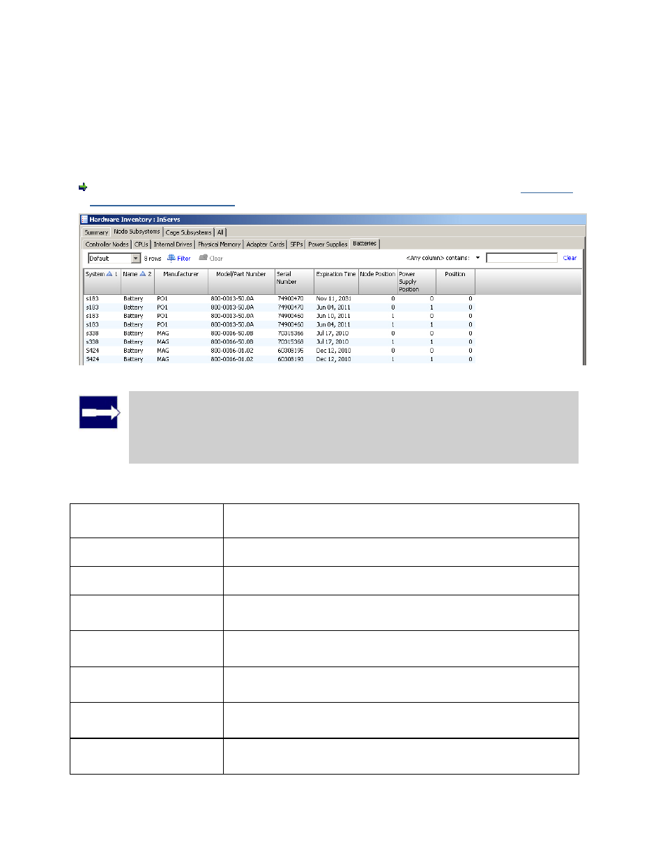 Viewing the node subsystems batteries tab | HP 3PAR Operating System Software User Manual | Page 449 / 475