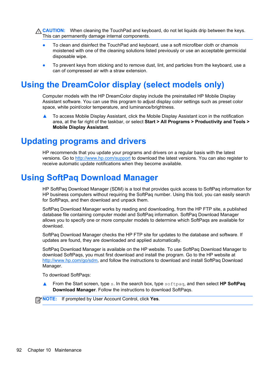 Using the dreamcolor display (select models only), Updating programs and drivers, Using softpaq download manager | HP EliteBook 8570w Mobile Workstation User Manual | Page 102 / 127
