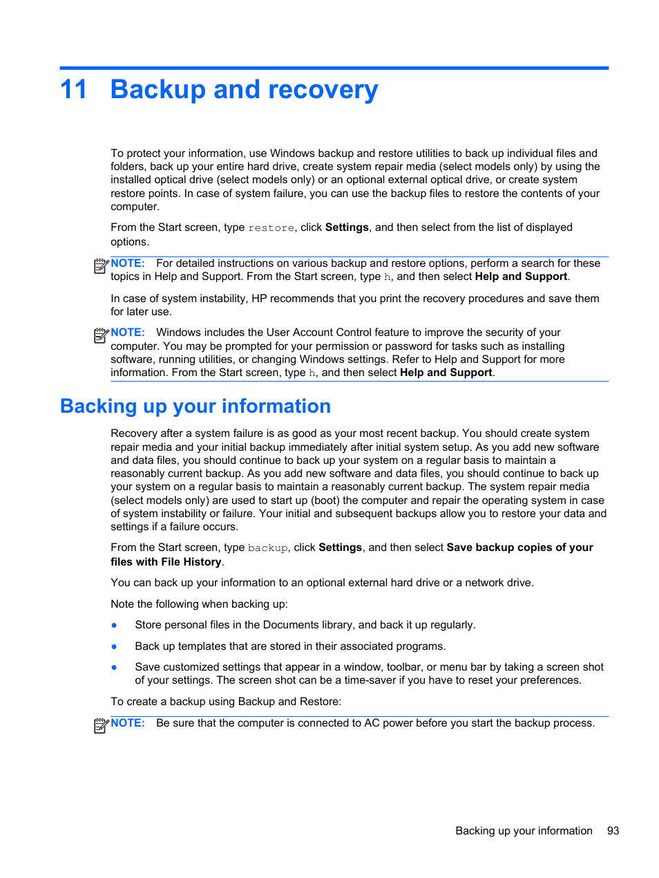 Backup and recovery, Backing up your information, 11 backup and recovery | Backup and | HP EliteBook 8570w Mobile Workstation User Manual | Page 103 / 127