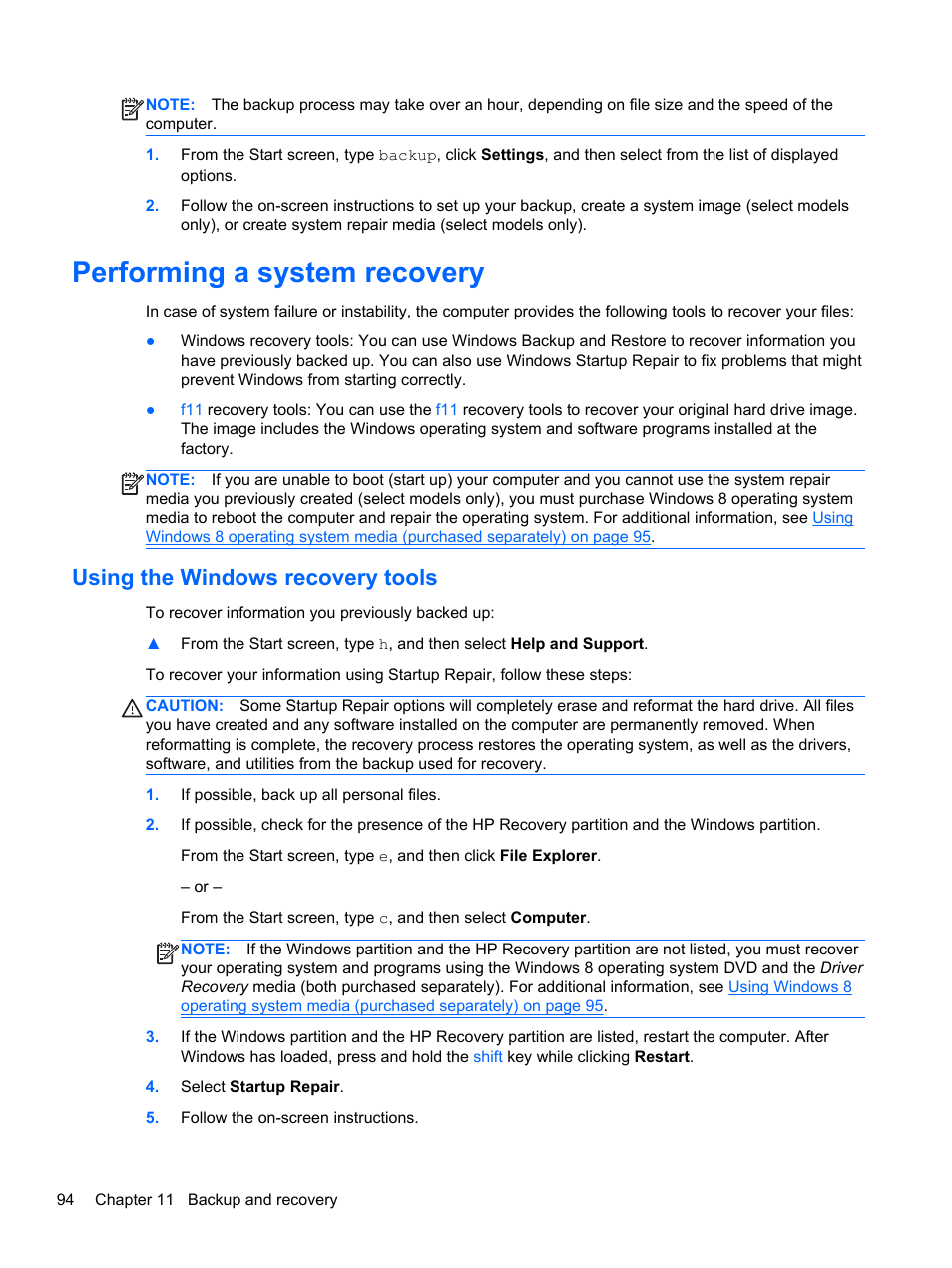 Performing a system recovery, Using the windows recovery tools | HP EliteBook 8570w Mobile Workstation User Manual | Page 104 / 127