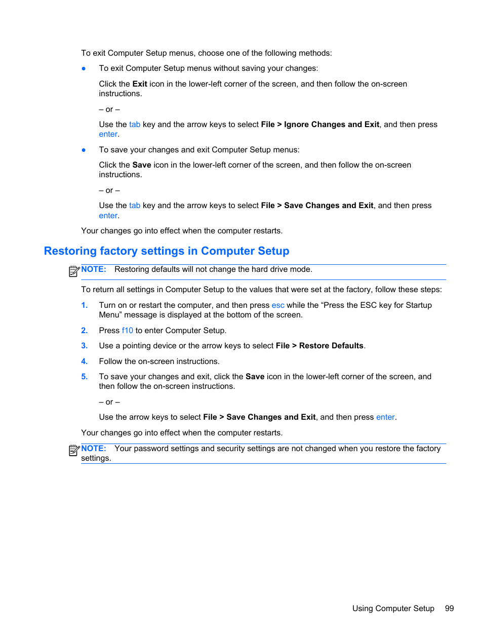 Restoring factory settings in computer setup | HP EliteBook 8570w Mobile Workstation User Manual | Page 109 / 127