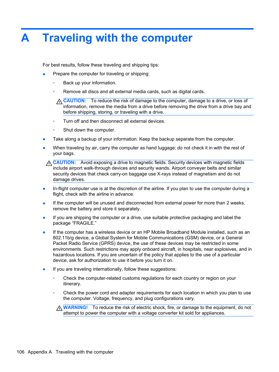 Traveling with the computer, Appendix a traveling with the computer, Atraveling with the computer | HP EliteBook 8570w Mobile Workstation User Manual | Page 116 / 127