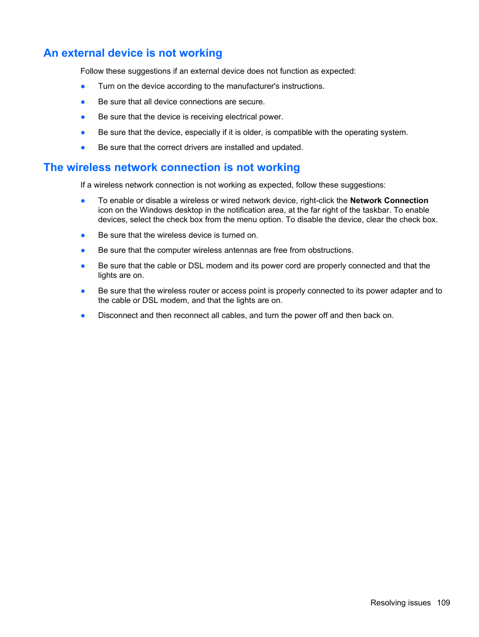An external device is not working, The wireless network connection is not working | HP EliteBook 8570w Mobile Workstation User Manual | Page 119 / 127