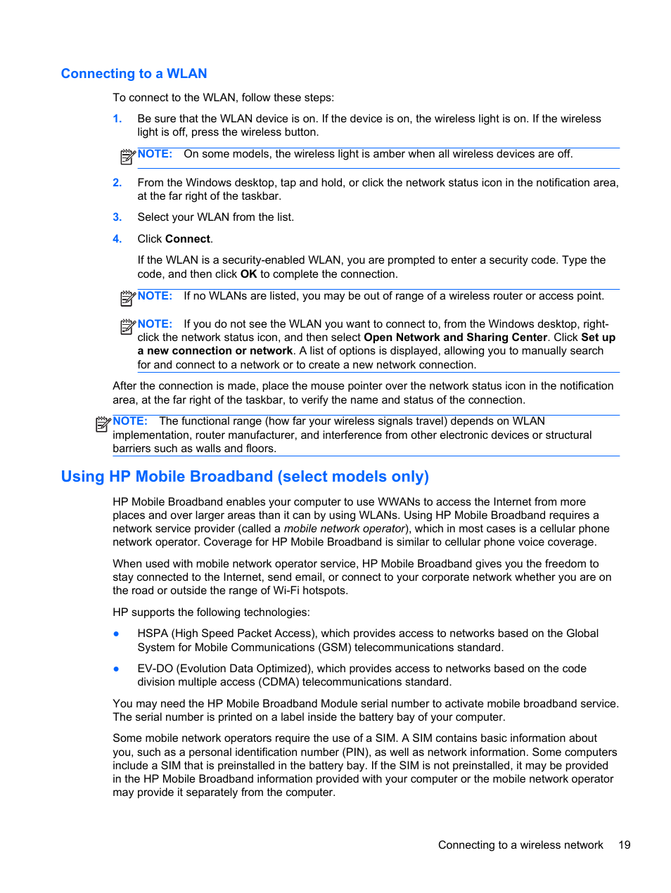 Connecting to a wlan, Using hp mobile broadband (select models only) | HP EliteBook 8570w Mobile Workstation User Manual | Page 29 / 127