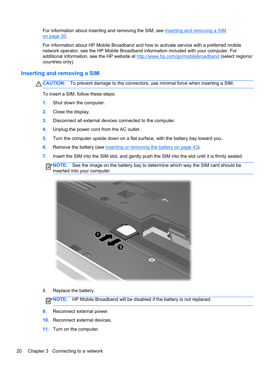 Inserting and removing a sim | HP EliteBook 8570w Mobile Workstation User Manual | Page 30 / 127