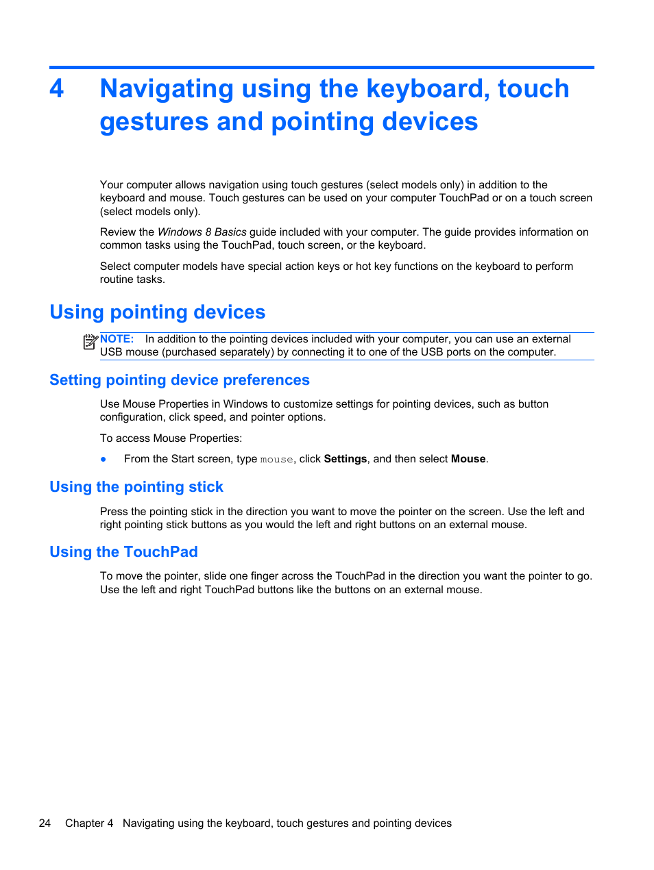 Using pointing devices, Setting pointing device preferences, Using the pointing stick | Using the touchpad | HP EliteBook 8570w Mobile Workstation User Manual | Page 34 / 127