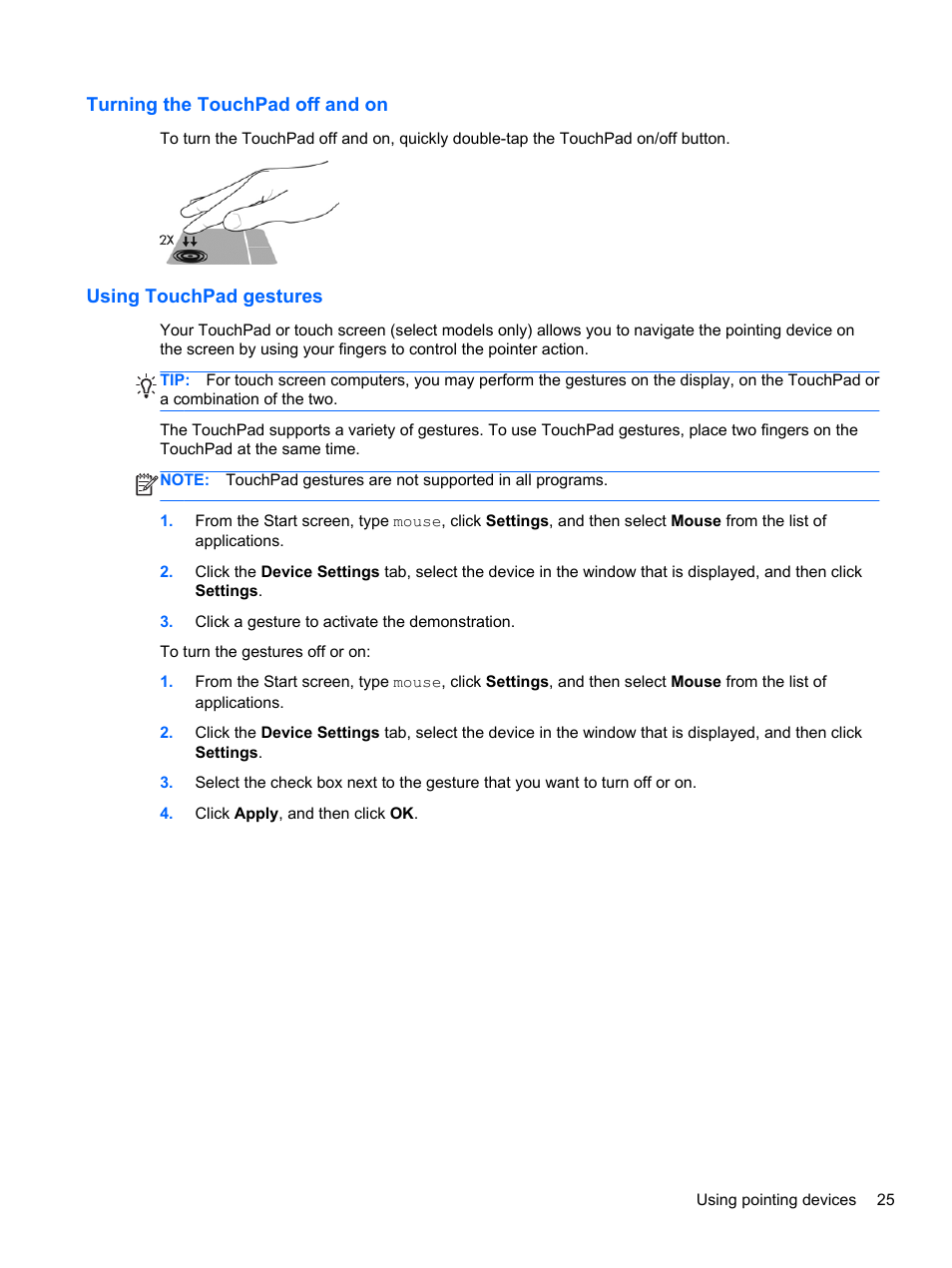 Turning the touchpad off and on, Using touchpad gestures | HP EliteBook 8570w Mobile Workstation User Manual | Page 35 / 127