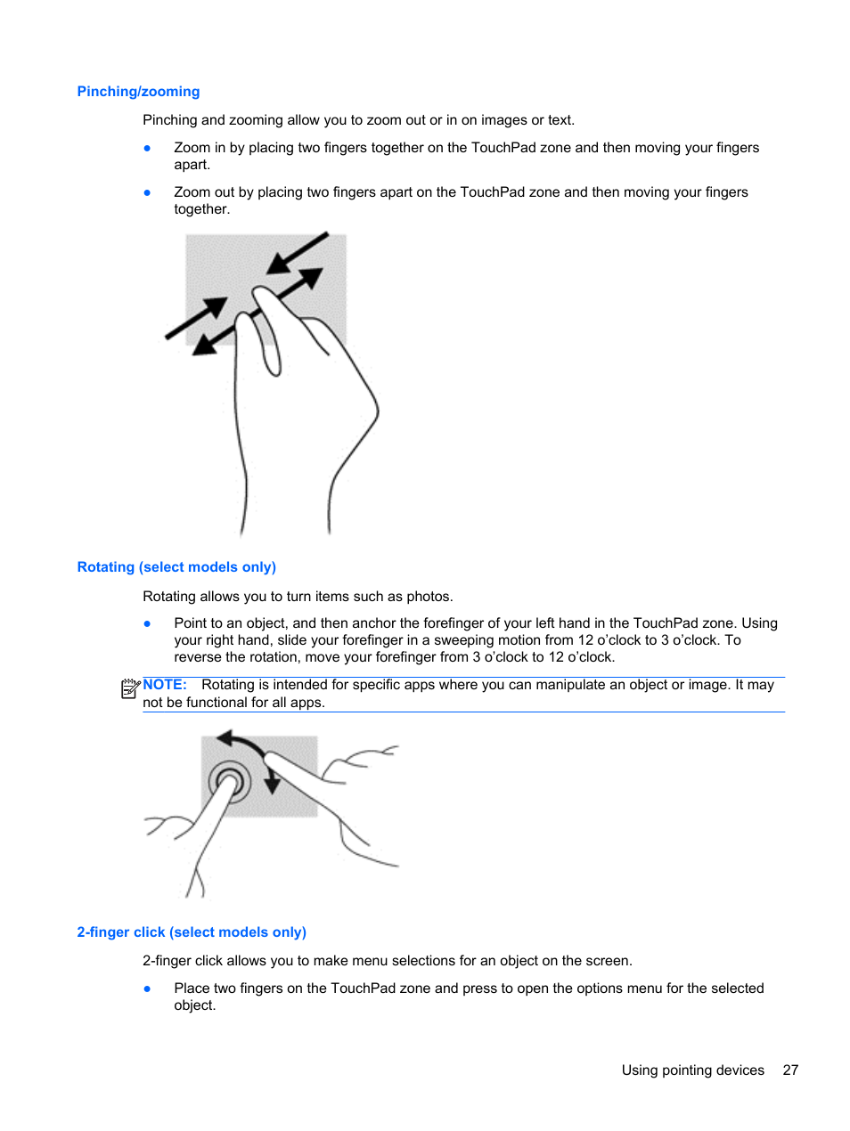 Pinching/zooming, Rotating (select models only), Finger click (select models only) | HP EliteBook 8570w Mobile Workstation User Manual | Page 37 / 127