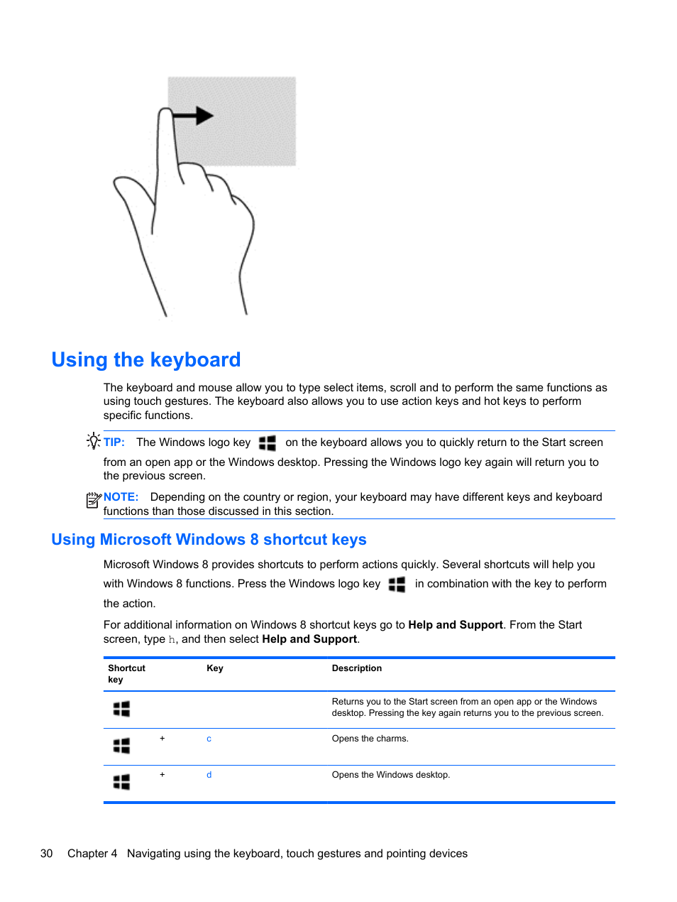 Using the keyboard, Using microsoft windows 8 shortcut keys | HP EliteBook 8570w Mobile Workstation User Manual | Page 40 / 127