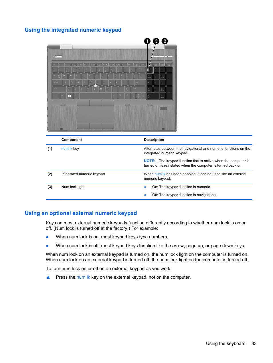 Using the integrated numeric keypad, Using an optional external numeric keypad | HP EliteBook 8570w Mobile Workstation User Manual | Page 43 / 127