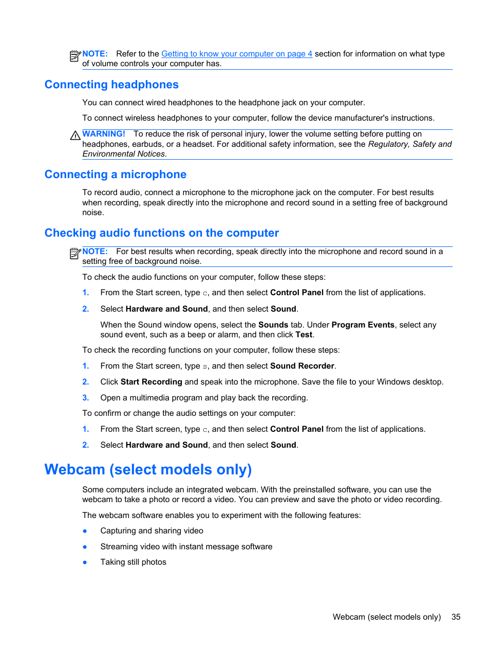 Connecting headphones, Connecting a microphone, Checking audio functions on the computer | Webcam (select models only) | HP EliteBook 8570w Mobile Workstation User Manual | Page 45 / 127