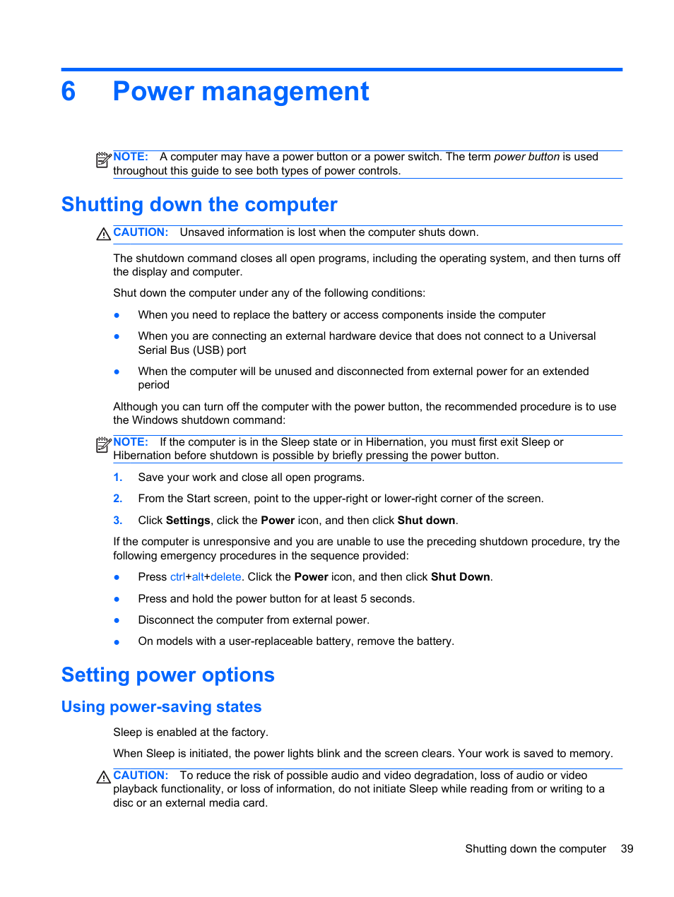 Power management, Shutting down the computer, Setting power options | Using power-saving states, 6 power management, Shutting down the computer setting power options, 6power management | HP EliteBook 8570w Mobile Workstation User Manual | Page 49 / 127