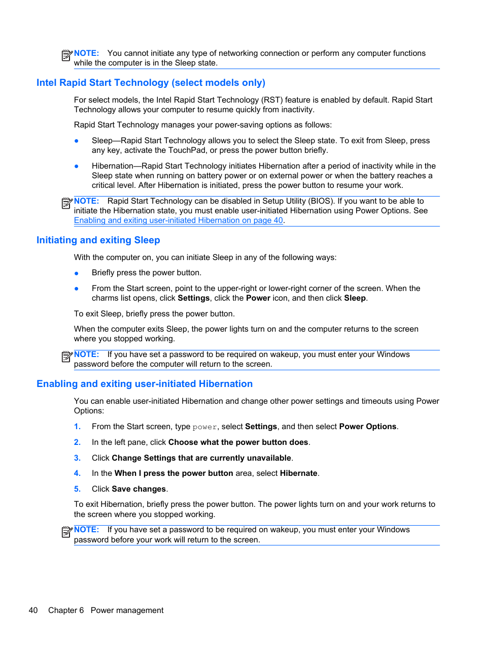 Intel rapid start technology (select models only), Initiating and exiting sleep, Enabling and exiting user-initiated hibernation | HP EliteBook 8570w Mobile Workstation User Manual | Page 50 / 127