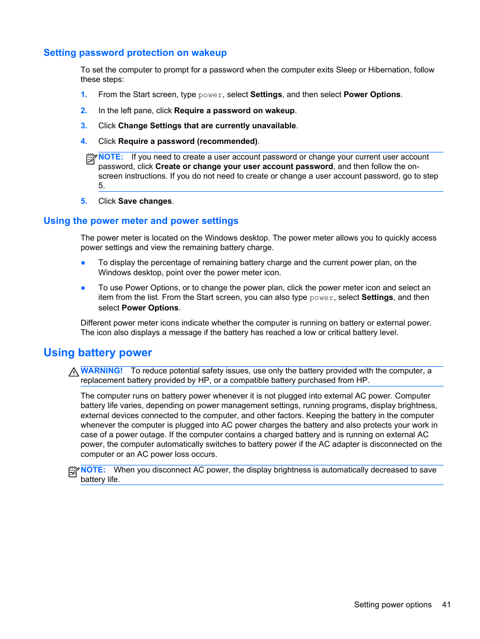 Setting password protection on wakeup, Using the power meter and power settings, Using battery power | HP EliteBook 8570w Mobile Workstation User Manual | Page 51 / 127