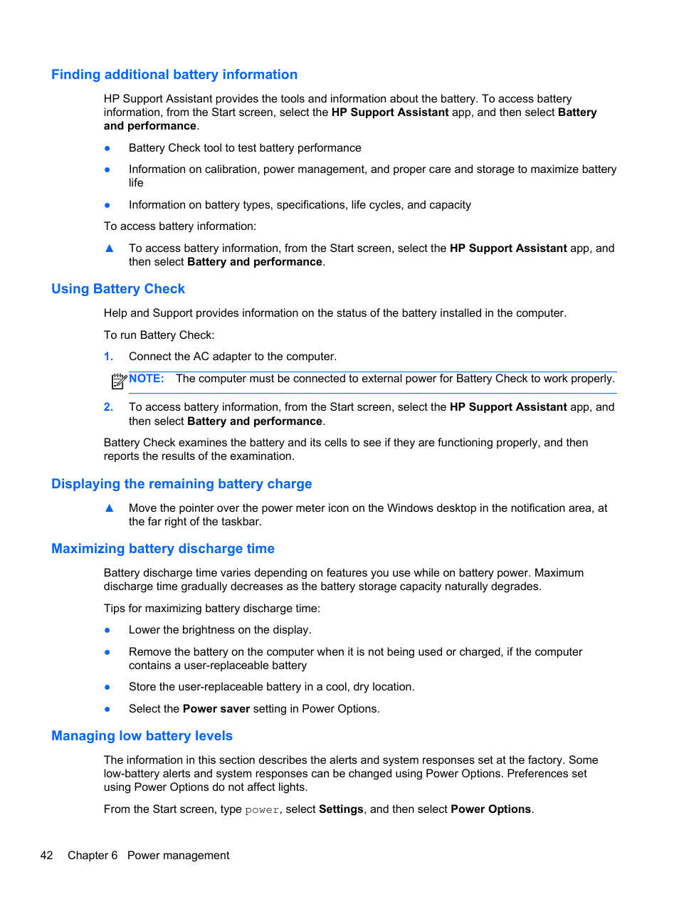 Finding additional battery information, Using battery check, Displaying the remaining battery charge | Maximizing battery discharge time, Managing low battery levels | HP EliteBook 8570w Mobile Workstation User Manual | Page 52 / 127
