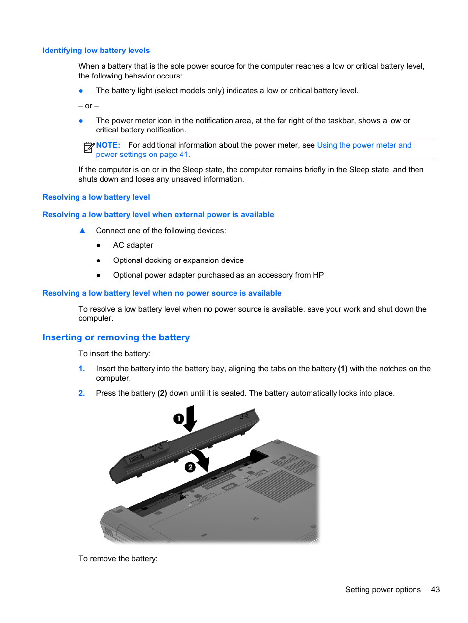 Identifying low battery levels, Resolving a low battery level, Inserting or removing the battery | HP EliteBook 8570w Mobile Workstation User Manual | Page 53 / 127