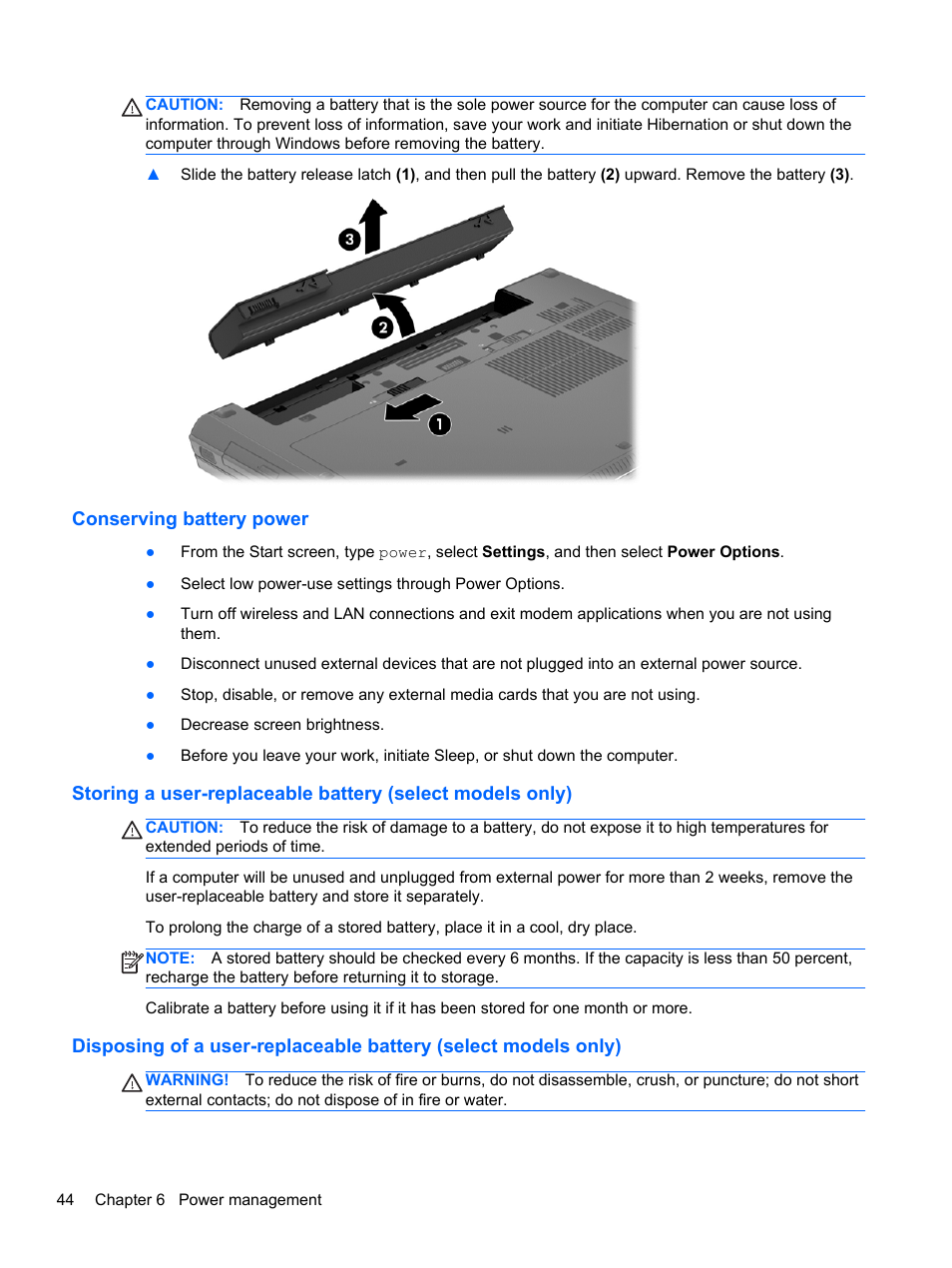 Conserving battery power | HP EliteBook 8570w Mobile Workstation User Manual | Page 54 / 127