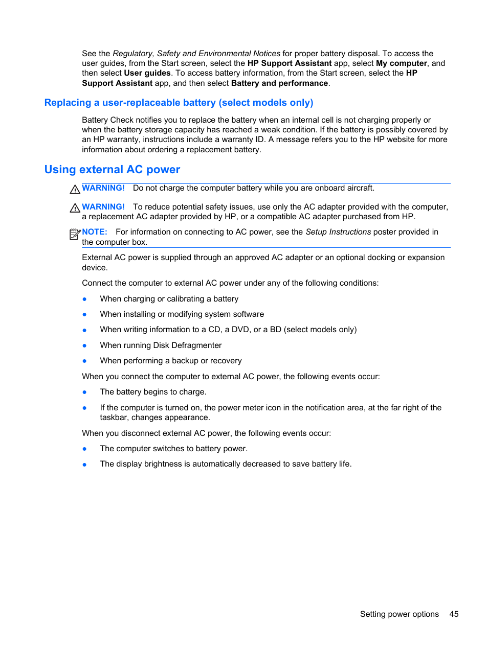 Using external ac power | HP EliteBook 8570w Mobile Workstation User Manual | Page 55 / 127