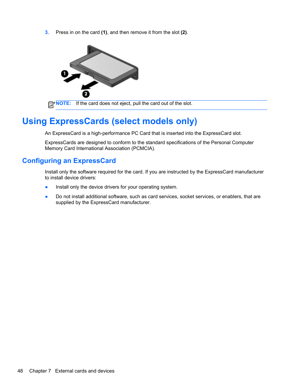 Using expresscards (select models only), Configuring an expresscard | HP EliteBook 8570w Mobile Workstation User Manual | Page 58 / 127