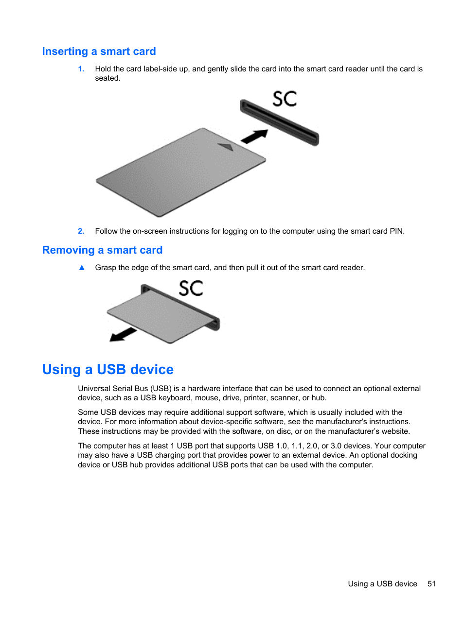 Inserting a smart card, Removing a smart card, Using a usb device | Inserting a smart card removing a smart card | HP EliteBook 8570w Mobile Workstation User Manual | Page 61 / 127