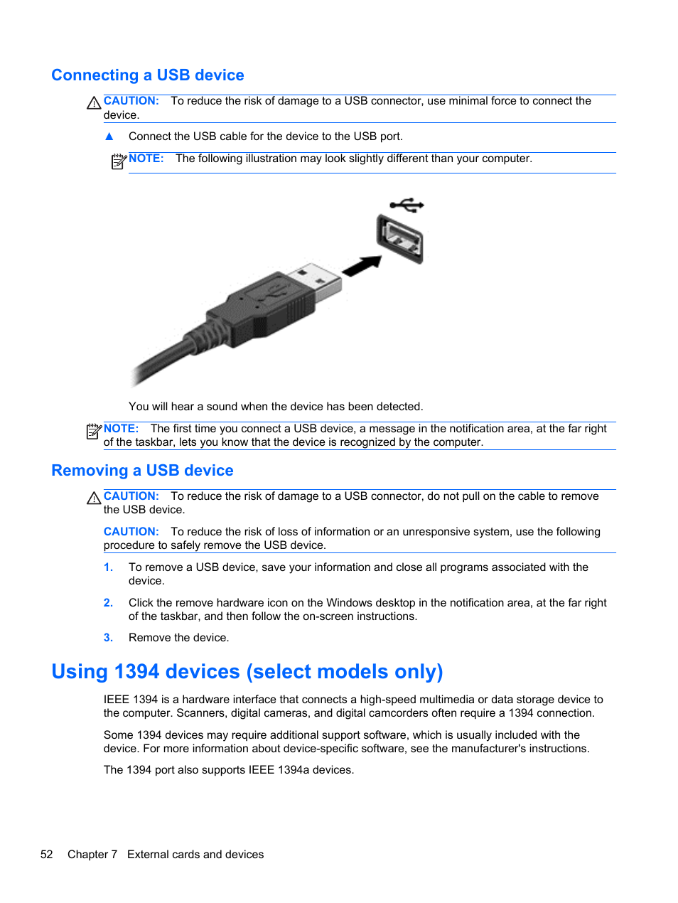 Connecting a usb device, Removing a usb device, Using 1394 devices (select models only) | Connecting a usb device removing a usb device | HP EliteBook 8570w Mobile Workstation User Manual | Page 62 / 127