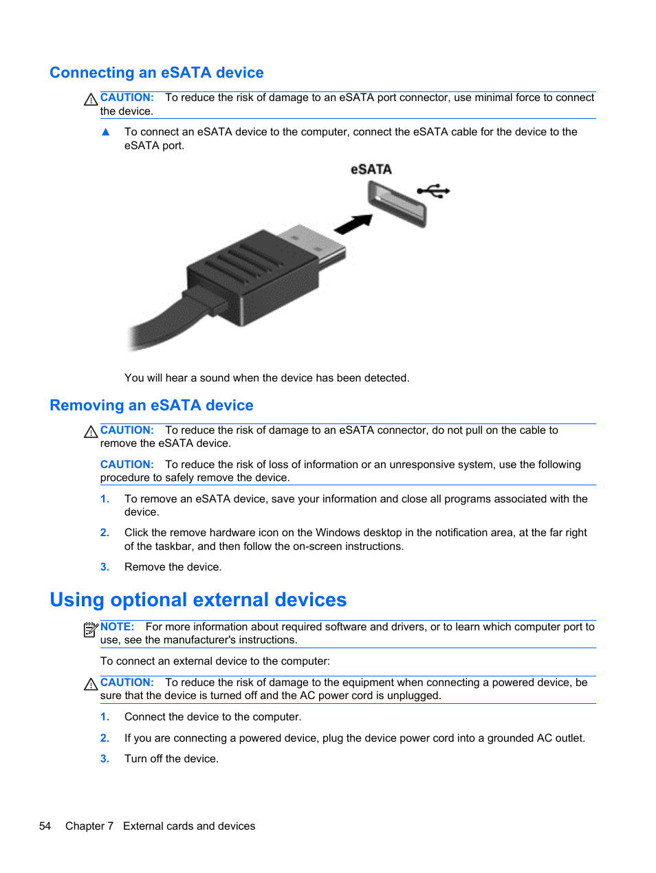 Connecting an esata device, Removing an esata device, Using optional external devices | HP EliteBook 8570w Mobile Workstation User Manual | Page 64 / 127