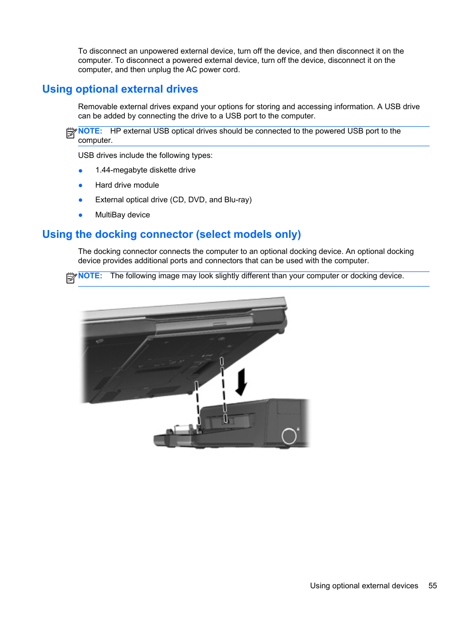 Using optional external drives, Using the docking connector (select models only) | HP EliteBook 8570w Mobile Workstation User Manual | Page 65 / 127