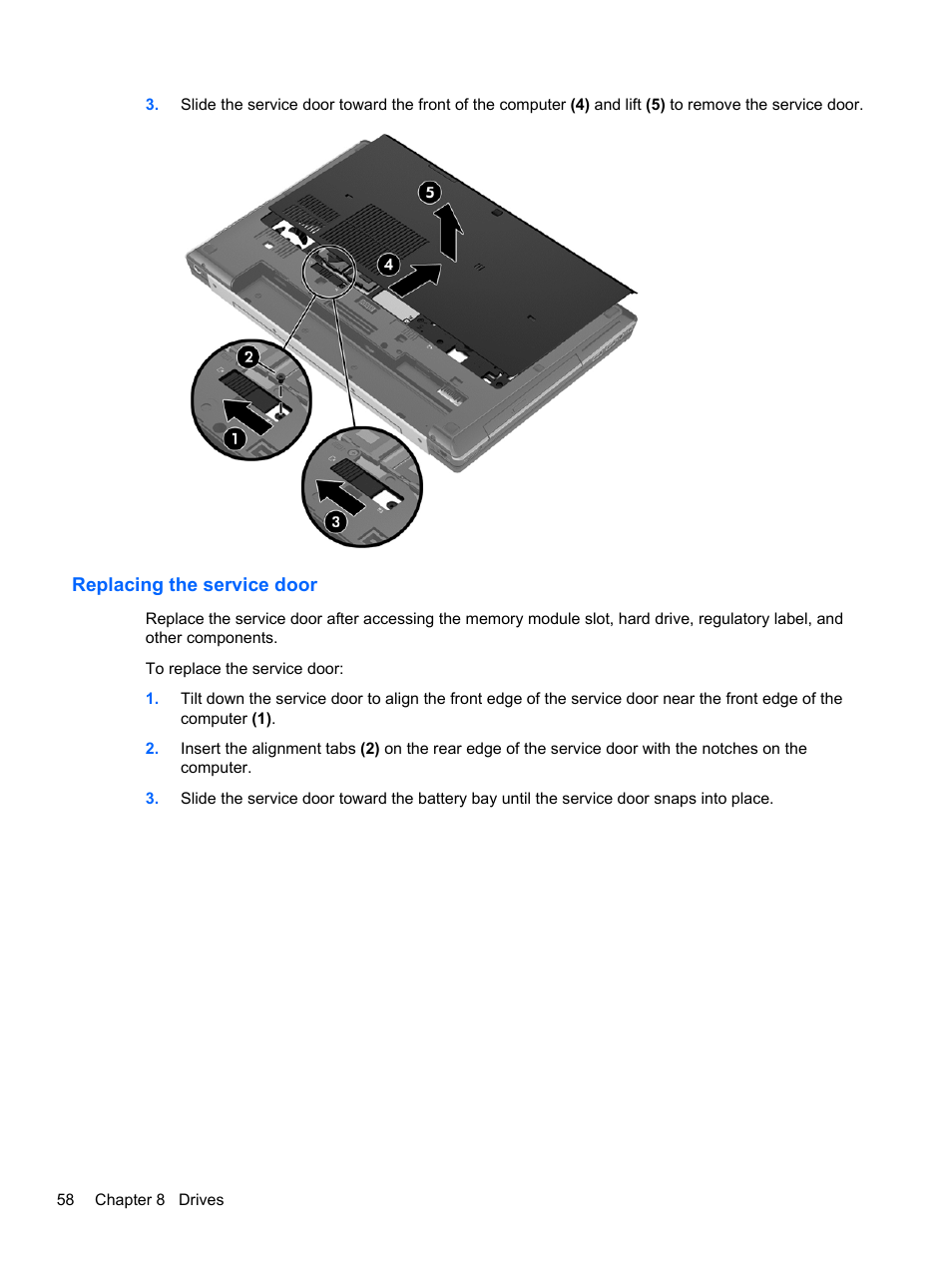 Replacing the service door | HP EliteBook 8570w Mobile Workstation User Manual | Page 68 / 127