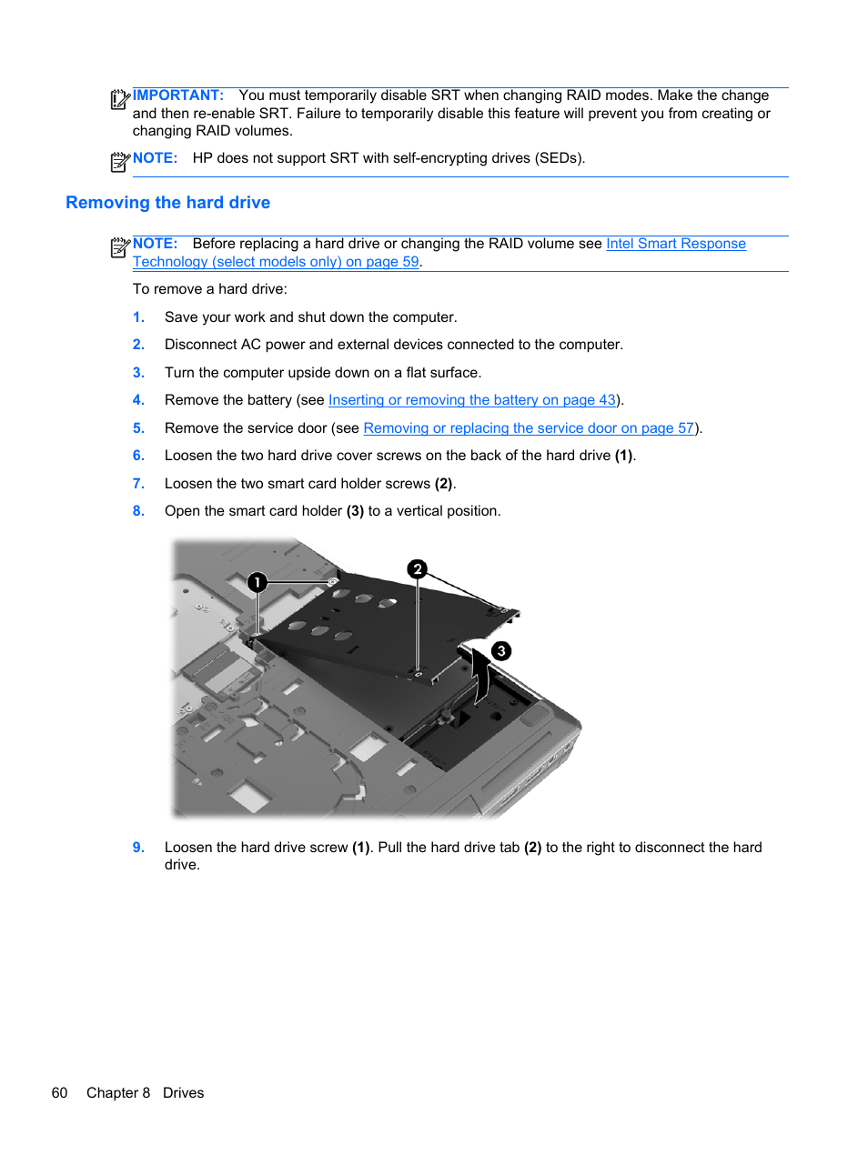 Removing the hard drive | HP EliteBook 8570w Mobile Workstation User Manual | Page 70 / 127