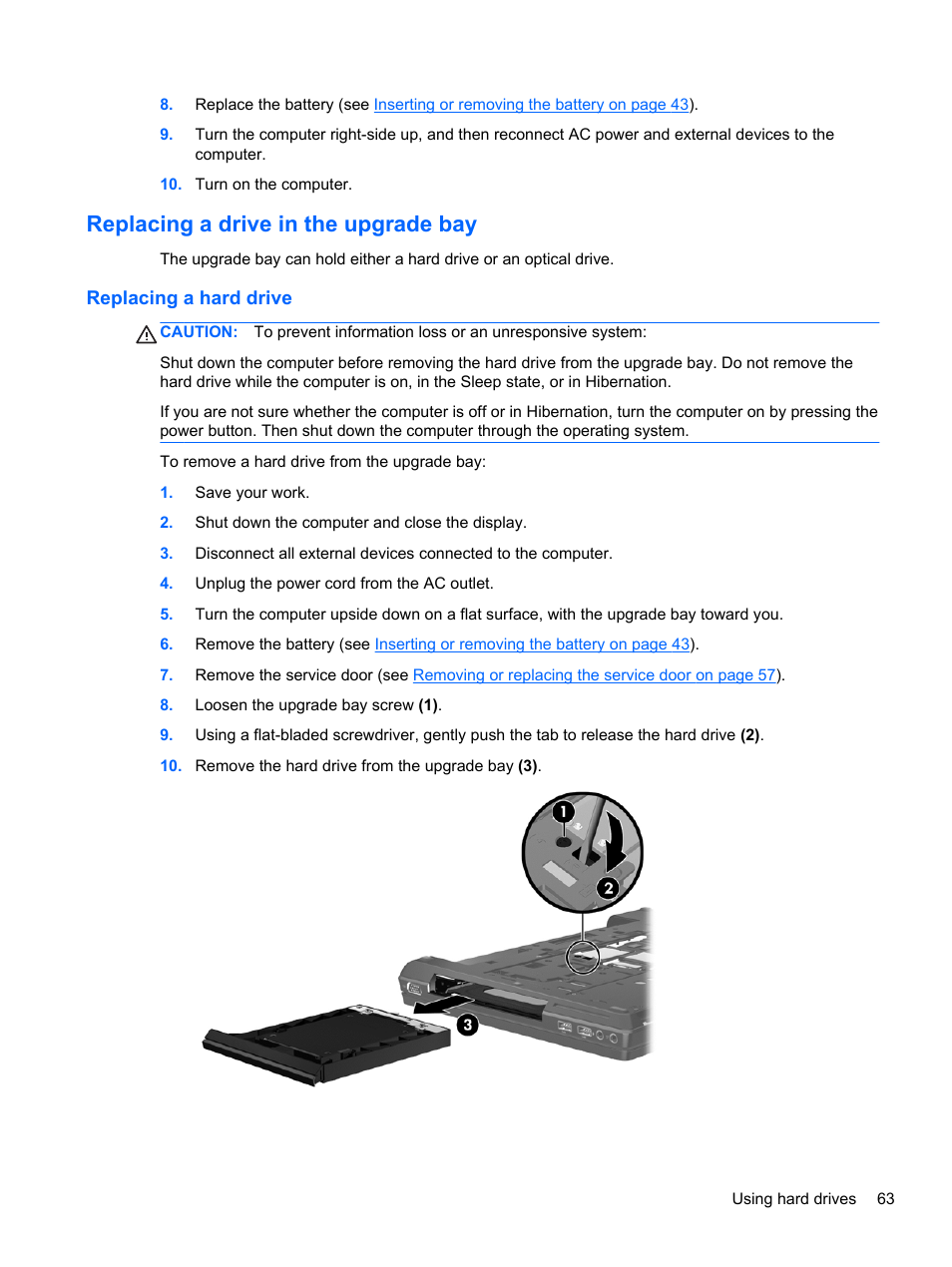 Replacing a drive in the upgrade bay, Replacing a hard drive | HP EliteBook 8570w Mobile Workstation User Manual | Page 73 / 127