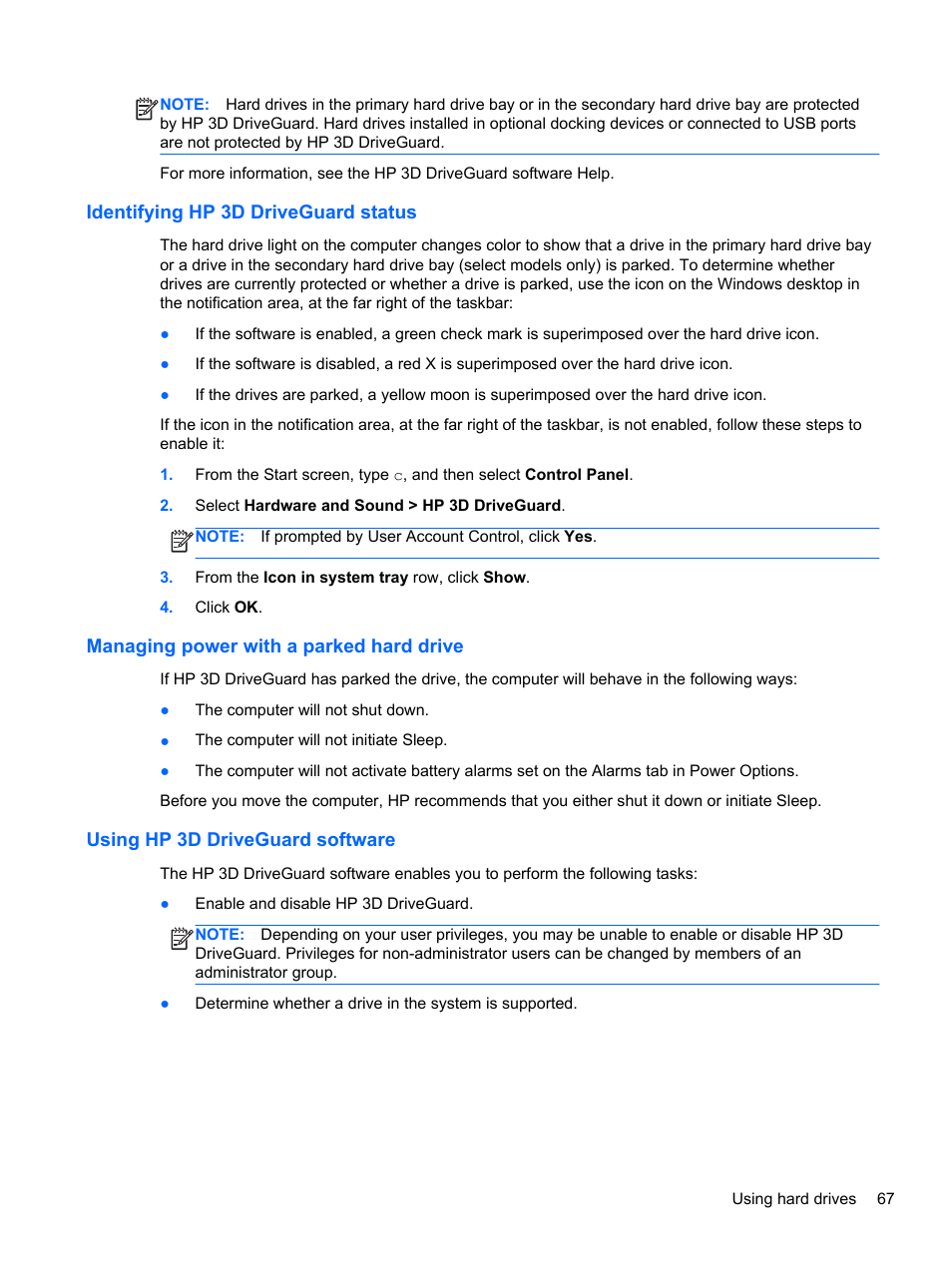 Identifying hp 3d driveguard status, Managing power with a parked hard drive, Using hp 3d driveguard software | HP EliteBook 8570w Mobile Workstation User Manual | Page 77 / 127