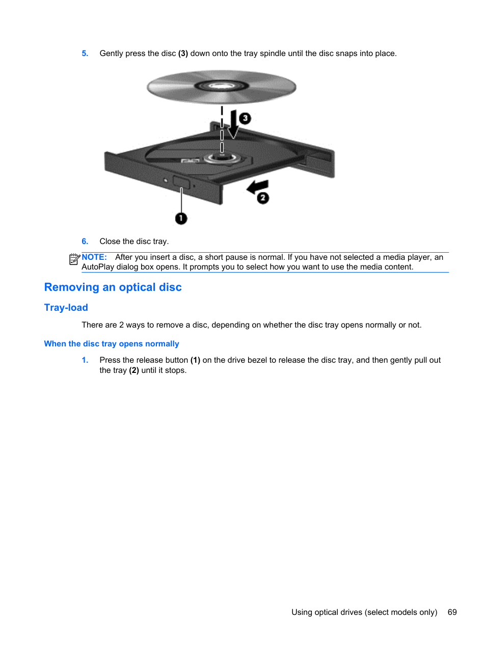 Removing an optical disc, Tray-load, When the disc tray opens normally | HP EliteBook 8570w Mobile Workstation User Manual | Page 79 / 127