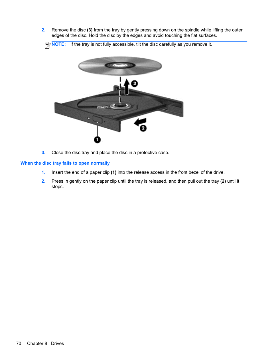 When the disc tray fails to open normally | HP EliteBook 8570w Mobile Workstation User Manual | Page 80 / 127