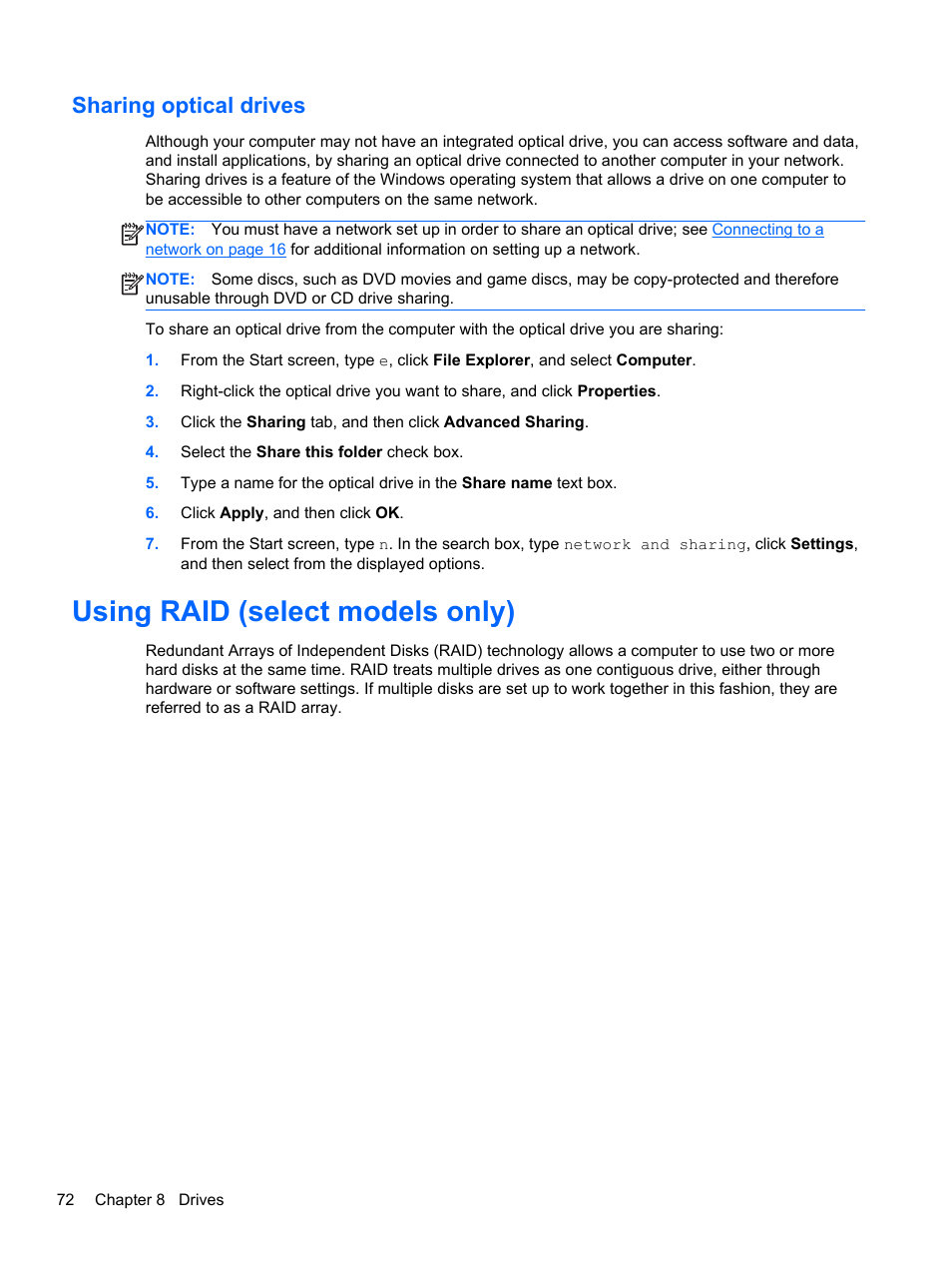 Sharing optical drives, Using raid (select models only) | HP EliteBook 8570w Mobile Workstation User Manual | Page 82 / 127