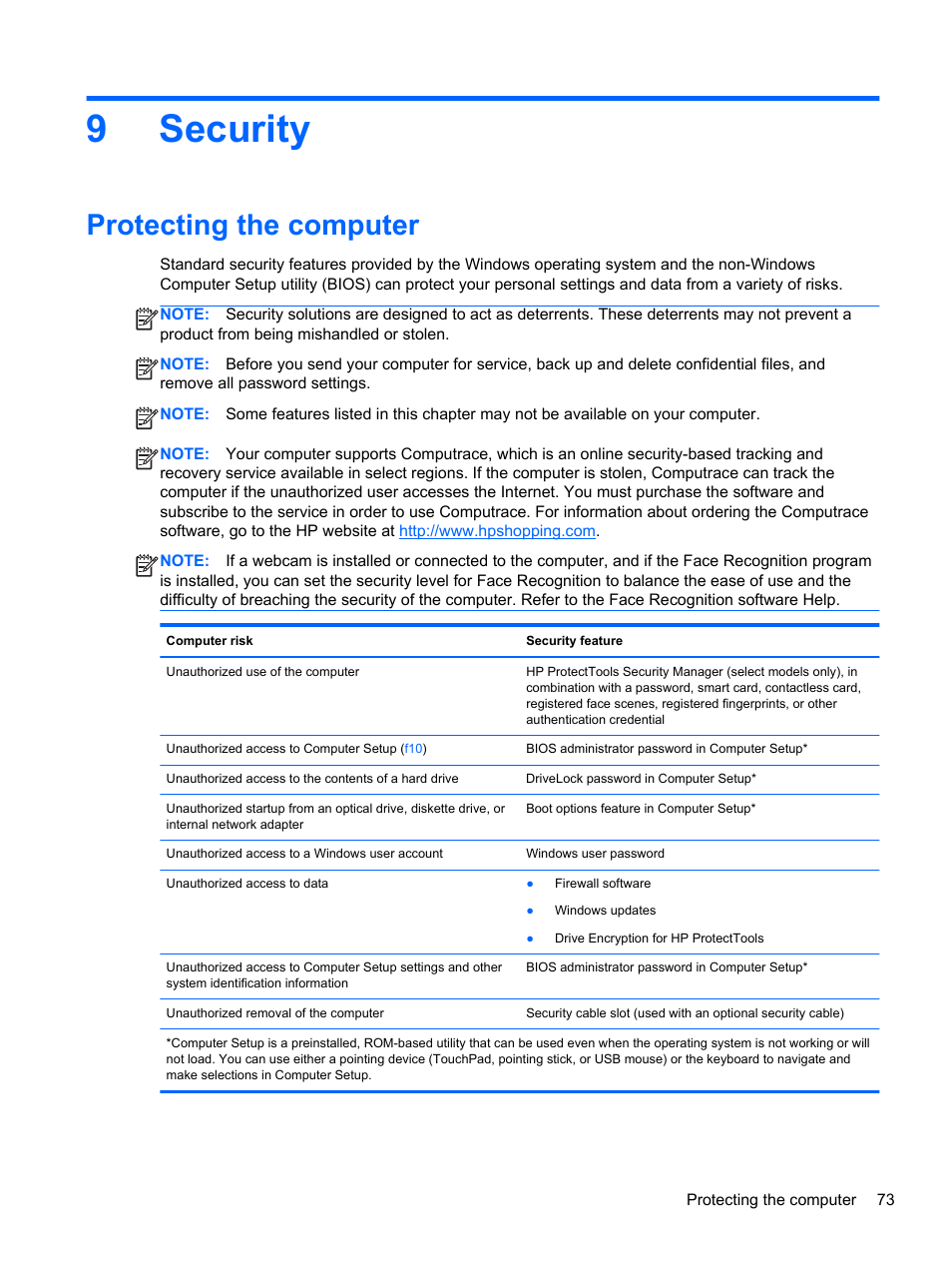 Security, Protecting the computer, 9 security | 9security | HP EliteBook 8570w Mobile Workstation User Manual | Page 83 / 127