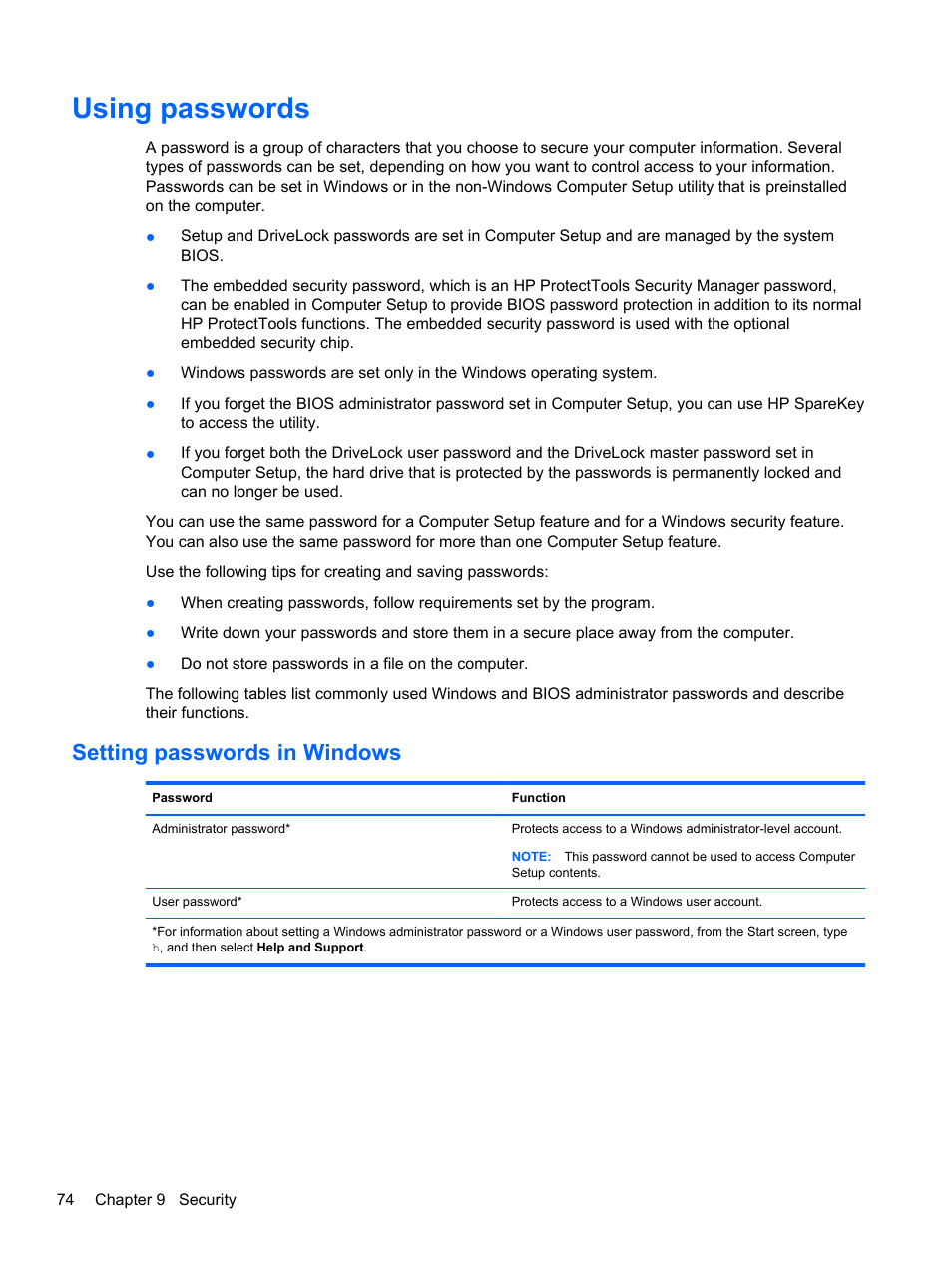 Using passwords, Setting passwords in windows | HP EliteBook 8570w Mobile Workstation User Manual | Page 84 / 127