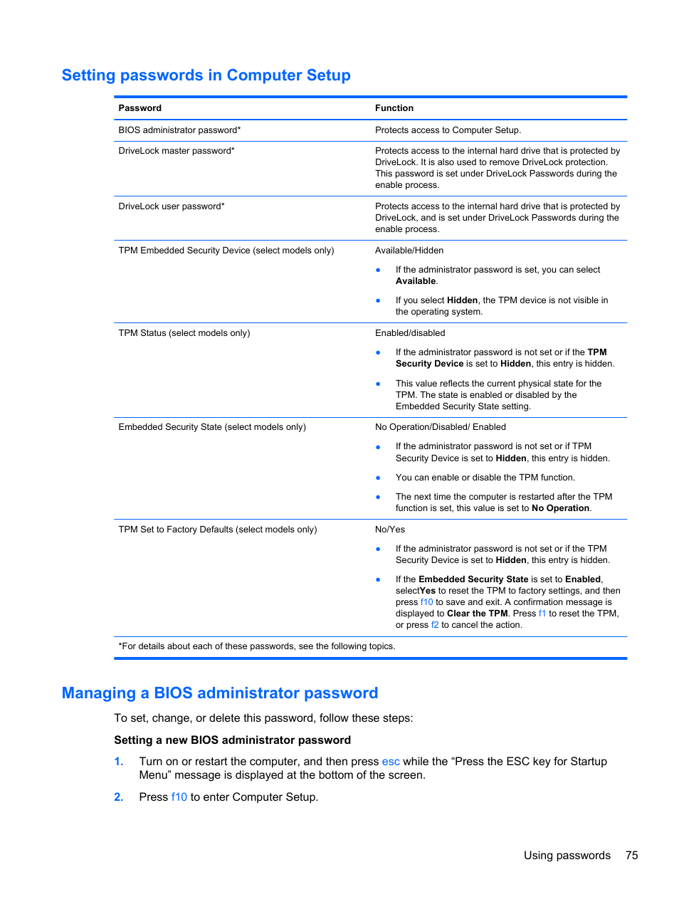 Setting passwords in computer setup, Managing a bios administrator password | HP EliteBook 8570w Mobile Workstation User Manual | Page 85 / 127