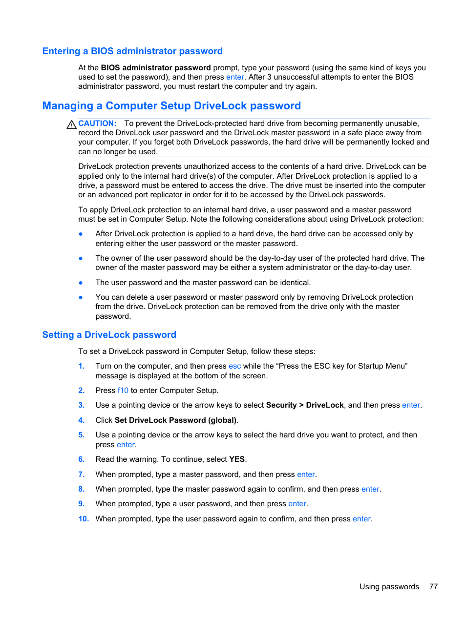 Entering a bios administrator password, Managing a computer setup drivelock password, Setting a drivelock password | HP EliteBook 8570w Mobile Workstation User Manual | Page 87 / 127